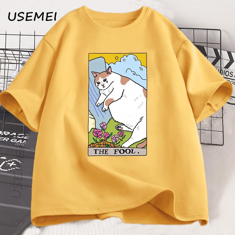 Sad Cat Meme The Fool Tarot T-Shirt Men Women Witchy Clothing Crying Cat T Shirt Casual Oversized T-shirts Streetwear Clothing