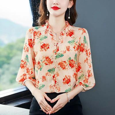 Floral Chiffon Shirt Top Women's Spring/Summer Print Chic Sweet Casual Lantern Half Sleeve Blouse Blusas