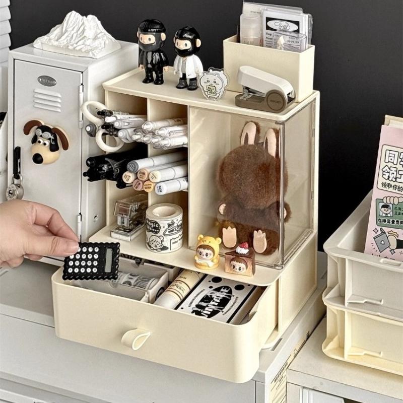 2 in 1 Desktop Stationery Organizer Storage Box Acrylic Transparent Figure Doll Display Box Single Small Ornaments Storage Rack