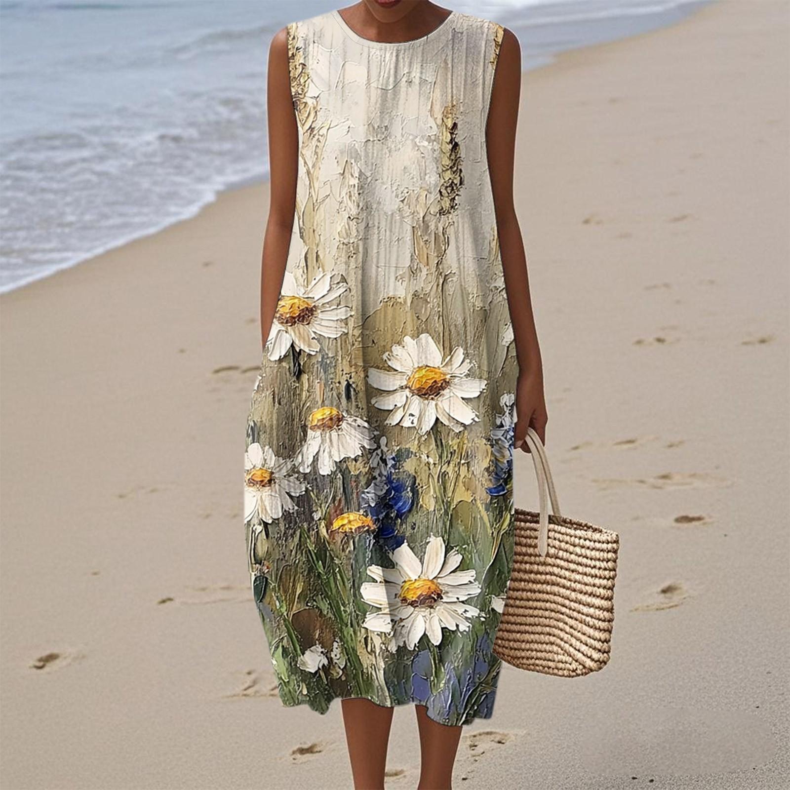 

Женское модное повседневное платье без рукавов с круглым вырезом и цветочным принтом, элегантное, темпераментное XXL бежевый