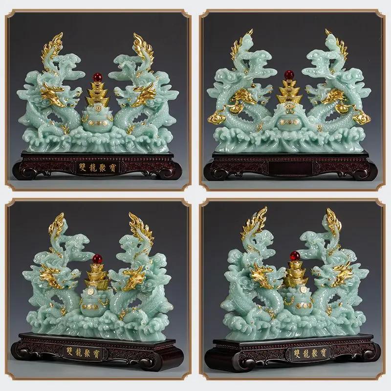 Double Dragon Treasure Bowl Fortune Qinglong Ornaments Living Room Office Decor Business Gifts