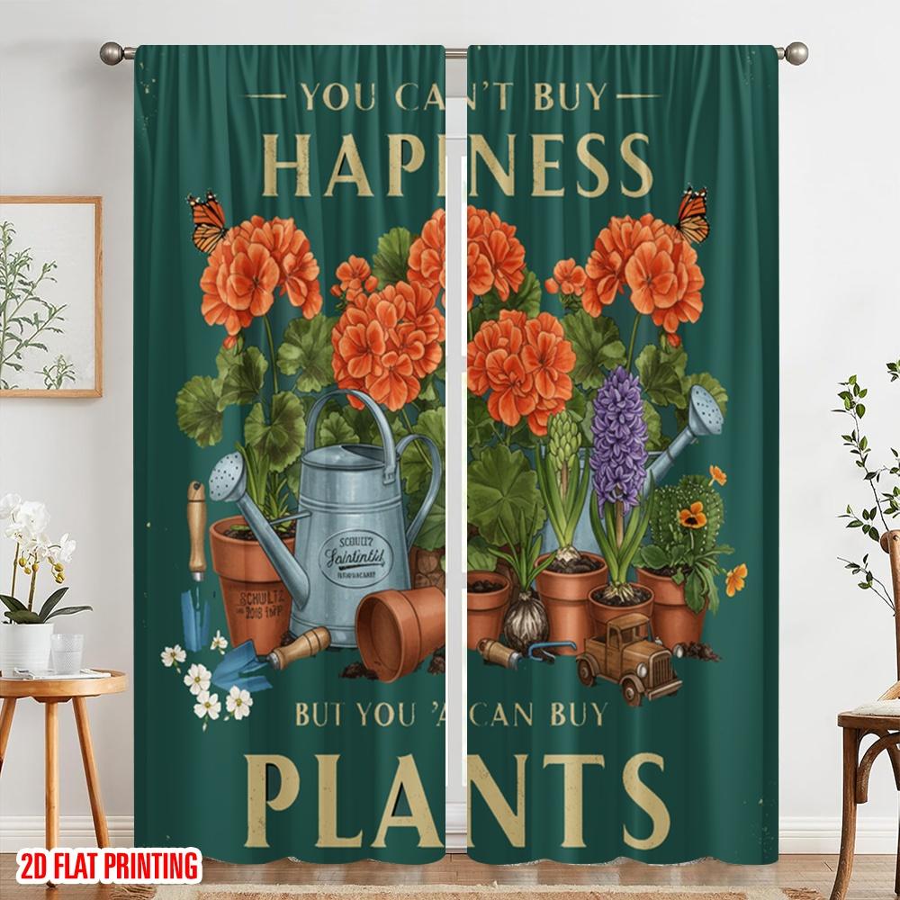 2pcs 2D Flat Printing Scene Curtain Happiness Plants Gardening Butterflies Polyester Without Electricity Birthday Party Perfect