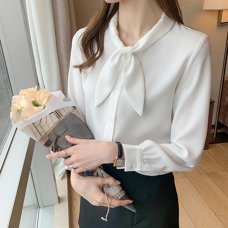 2025 Spring Women Blouses Shirts Long Sleeve Bow Collar Office Lady White Chiffon Blouse  Shirt Women Tops J769