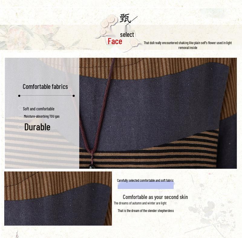 Artistic Temperament Cotton Linen Round Neck Long Sleeve Casual Dress for Women