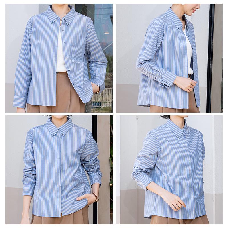 YUN Women's Casual Striped Cotton Long-Sleeve Shirt with Lapel