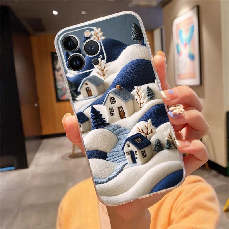 Phone Case For Iphone 17 16 Pro Max 15 14 13 Pro Max 17 Air 15 16 Pro 15Plus Cozy Crochet Winter Village Art