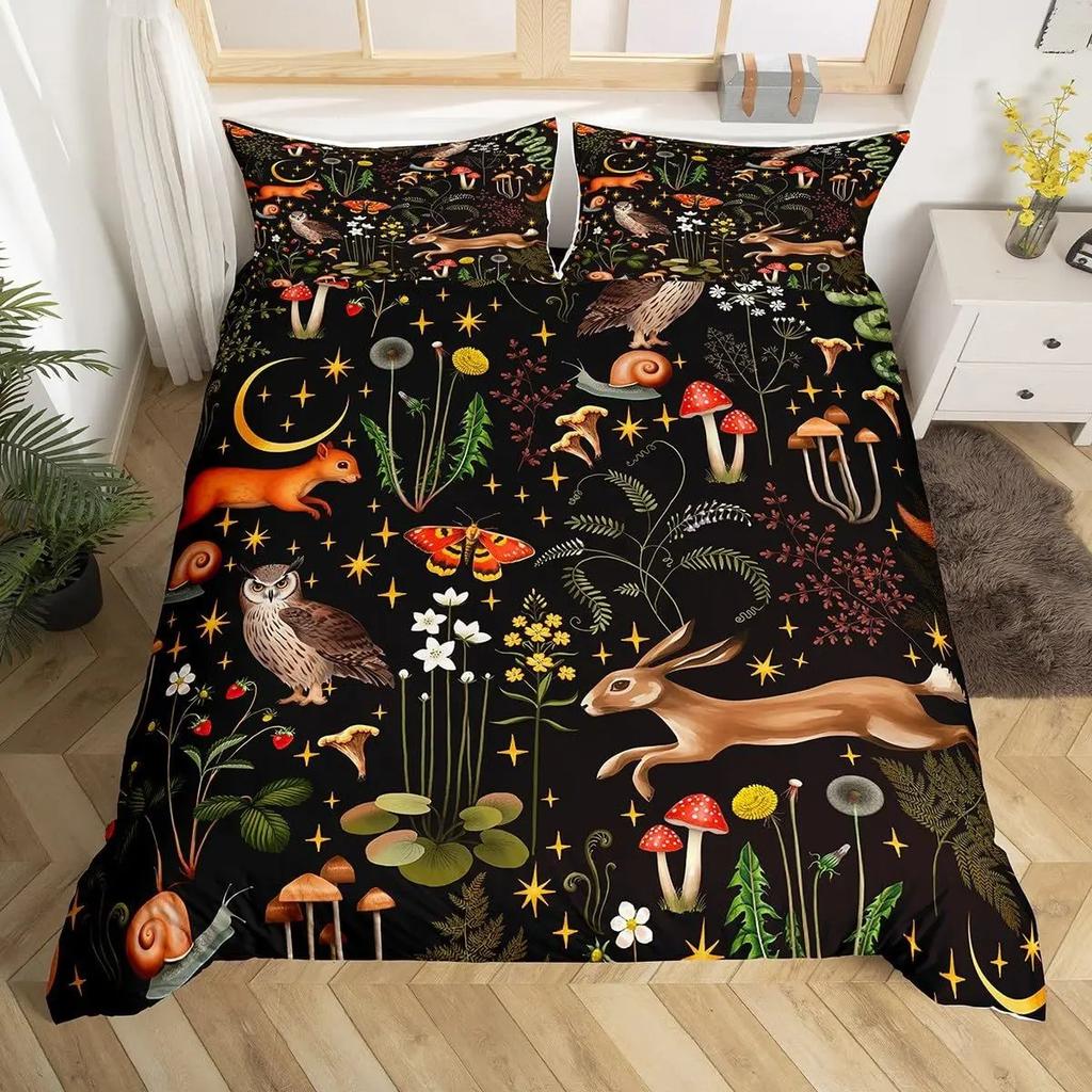 Mushroom Forest Animal Duvet Cover Set, Vintage Botanical Wildlife Bedding, 3D Printed Soft Microfiber Quilt Cover Pillowcase