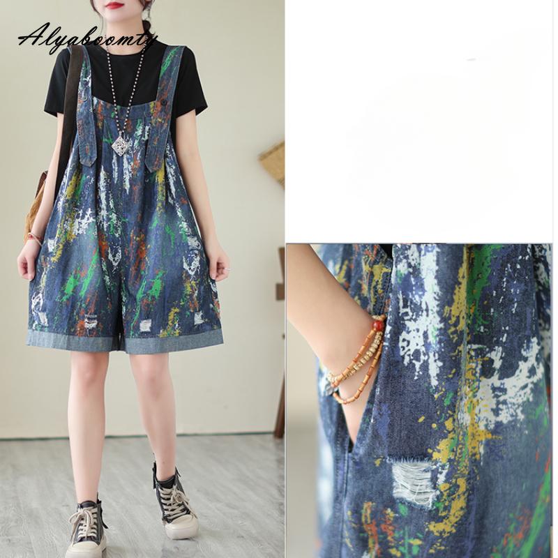 אוברול ג'ינס לנשים בסגנון קוריאני בסגנון כחול אופנתי מזדמן חליפות משחק משוחררות וינטג' רחב חורים קרועים רחב רגל קצר רומפרס