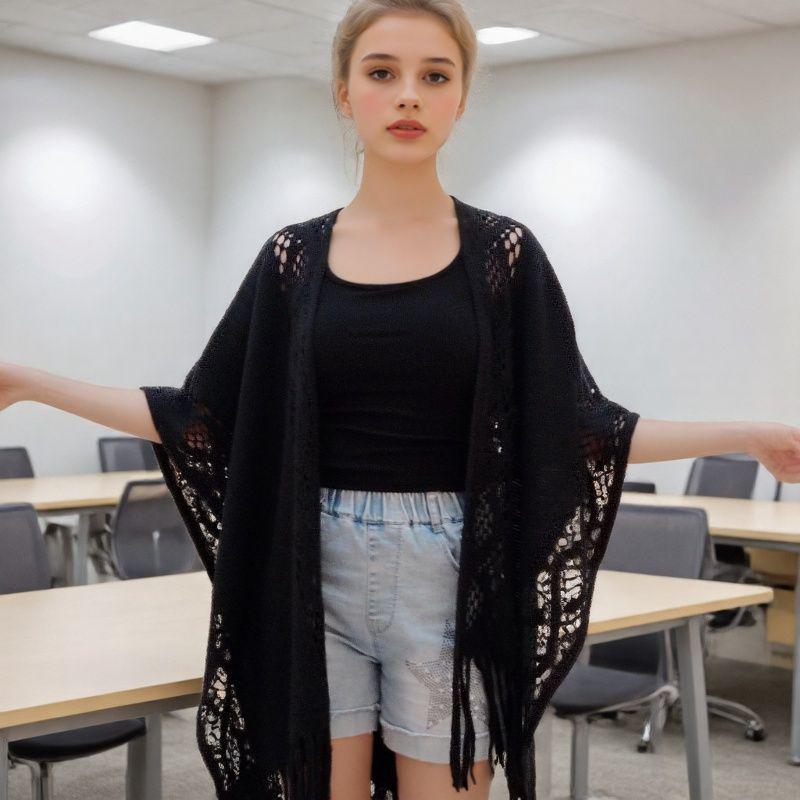 Cárdigan Chal Versátil con Borlas: Elegante Ropa Exterior Holgada Calada para Primavera, Verano y Otoño.