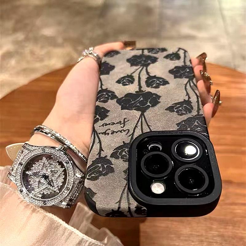 Luxury Retro Rose Matte Soft Leather Phone Case For iPhone 15 14 Plus 13 12 11 Pro Max Lens Protection Shockproof Silicone Cover