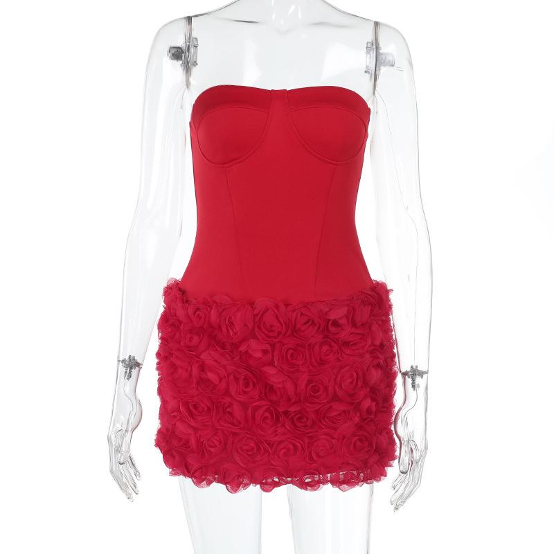 Spring Dress Women's Socialite Ethos Sexy Three-dimensional Flower Texture Strapless Dress Dress