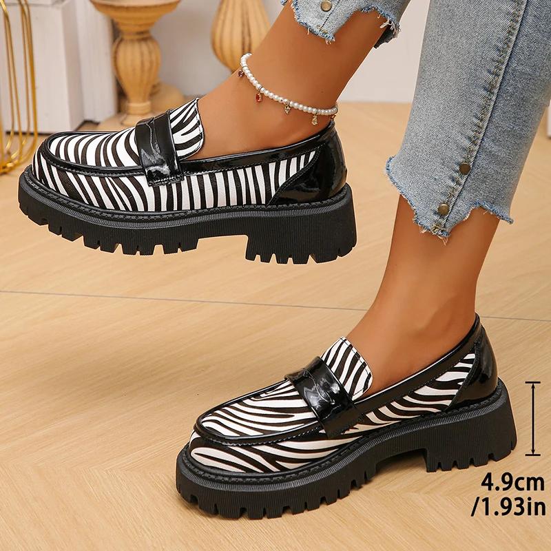 Cow Print Zebra Print Chunky Platform Pumps Women 2025 Autumn Pu Leather Thick Sole Loafers Woman Plus Size Uniform Lolita Shoes
