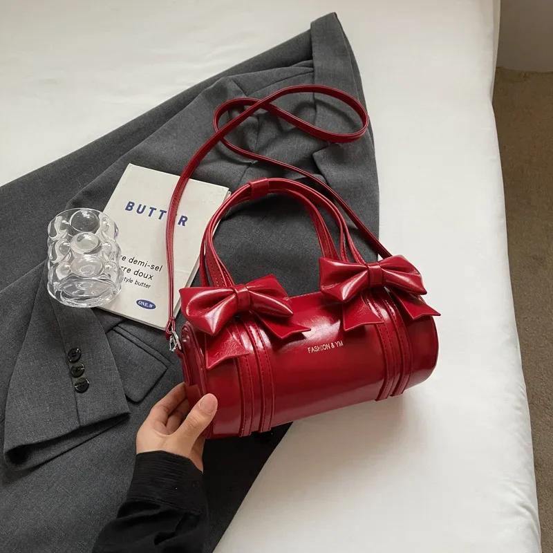 

Модная красная сумка с бантом для женщин, осенняя новая сумка на одно плечо под мышкой, универсальная переносная сумка-цилиндр через плечо