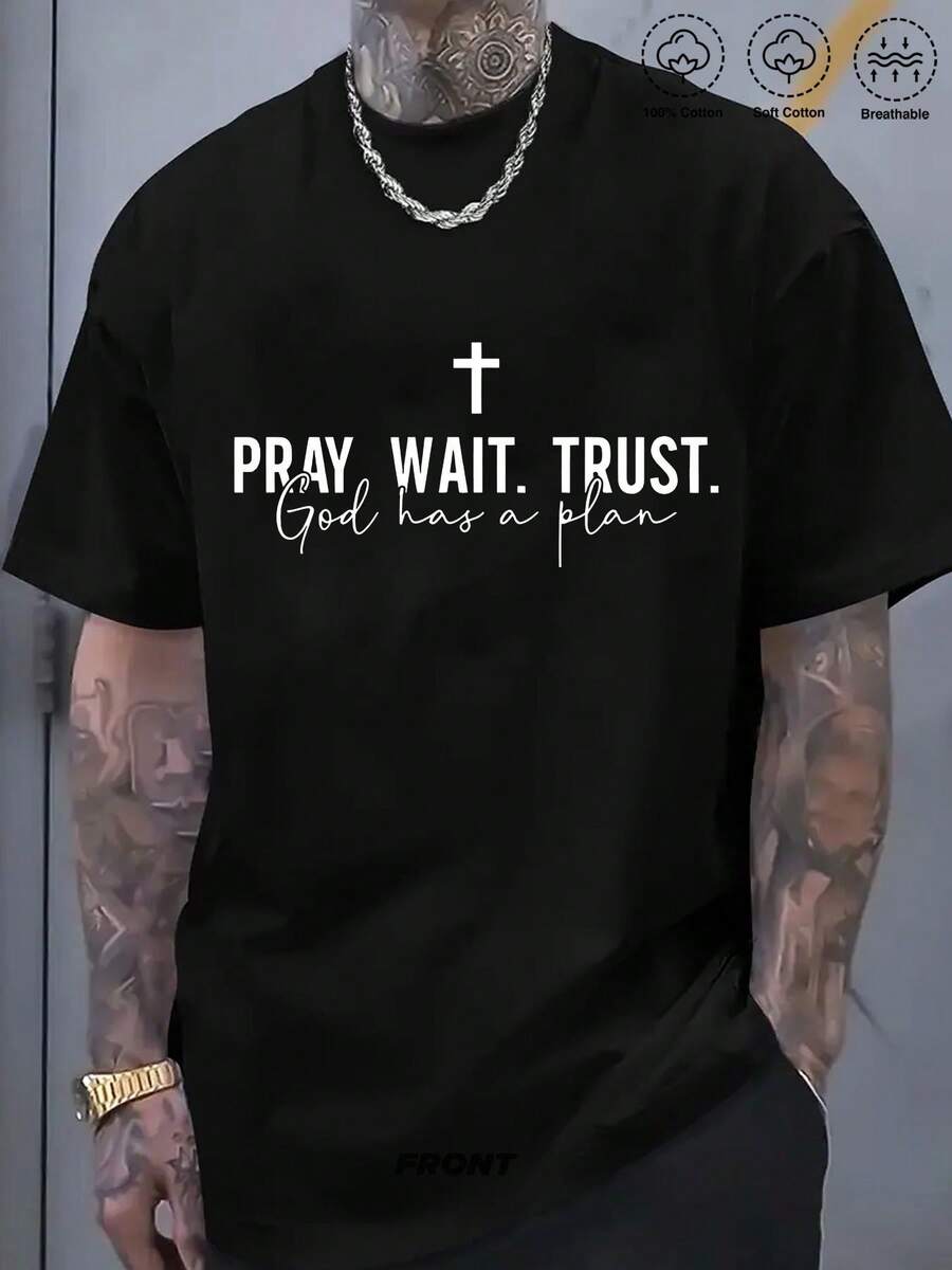 Plus Size Men s Faith T-Shirt - Black With White  Pray Wait Trust God Has A Plan  Verse Print S разноцветный