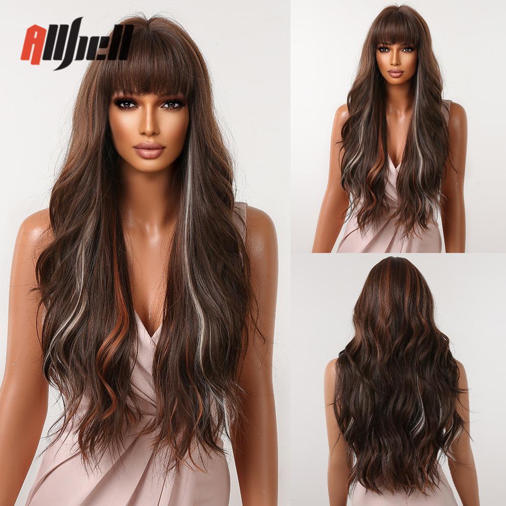 Long Wavy Black Ombre Brown Wigs With Bangs Synthetic Natural Wave Wig for Black Women Heat Resistant Fake Hair Cosplay Wig