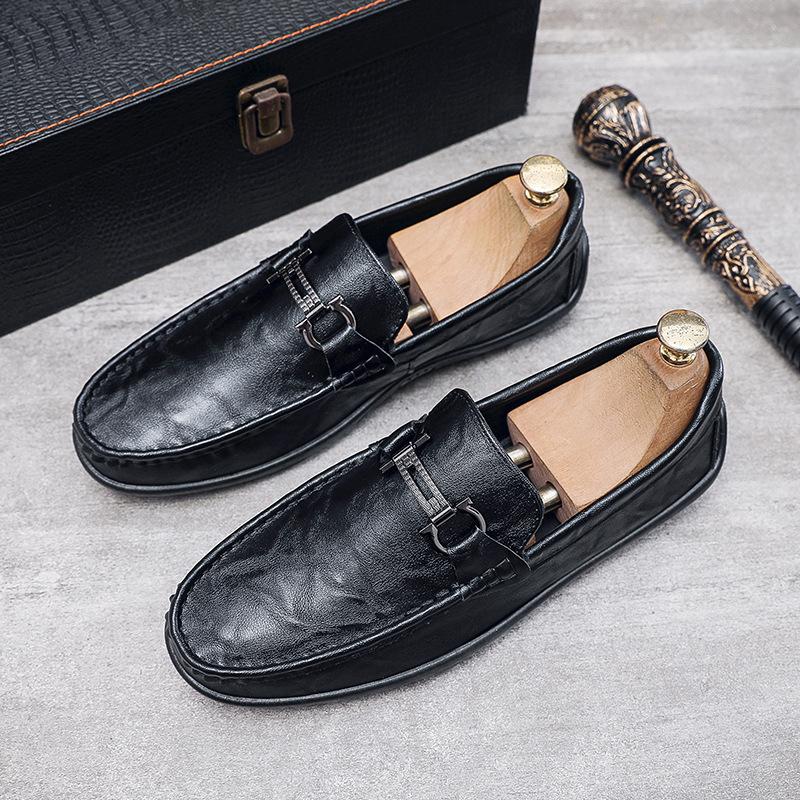 One-pedal Men's Shoes British Black Leather Soft-soled Beanie Shoes Business Men's Casual Leather Shoes Trendy Shoes Men