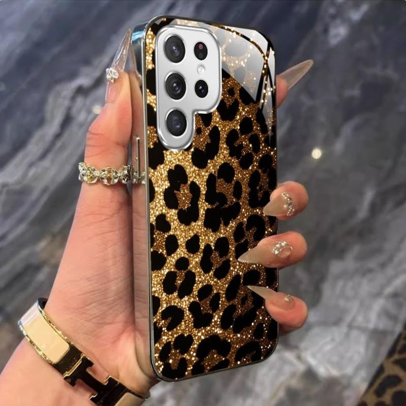 Gold-plated tempered glass phone case, Galaxy S26 S25 S24 S23 S22 Ultra Plus. Features a gold-plated leopard print pattern