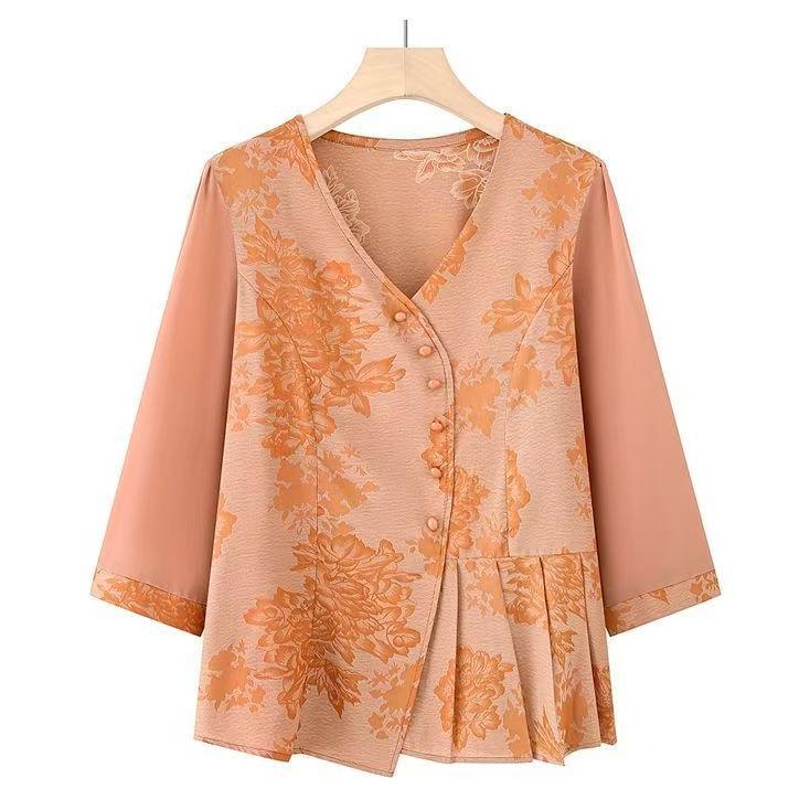 

Mom s New Chinese Style Slimming Base Layer Top for Middle-Aged Women: Flaw-Hiding, Age-Reducing, Elegant Summer Design 3XL (for 57.5-65 kg) помаранчевий