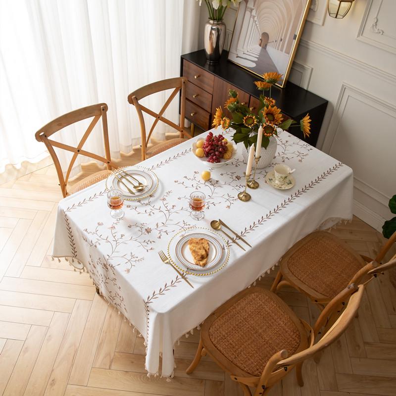 Cross-border Embroidered Plaid Floral Tassel Tablecloth for Coffee & Dining Tables
