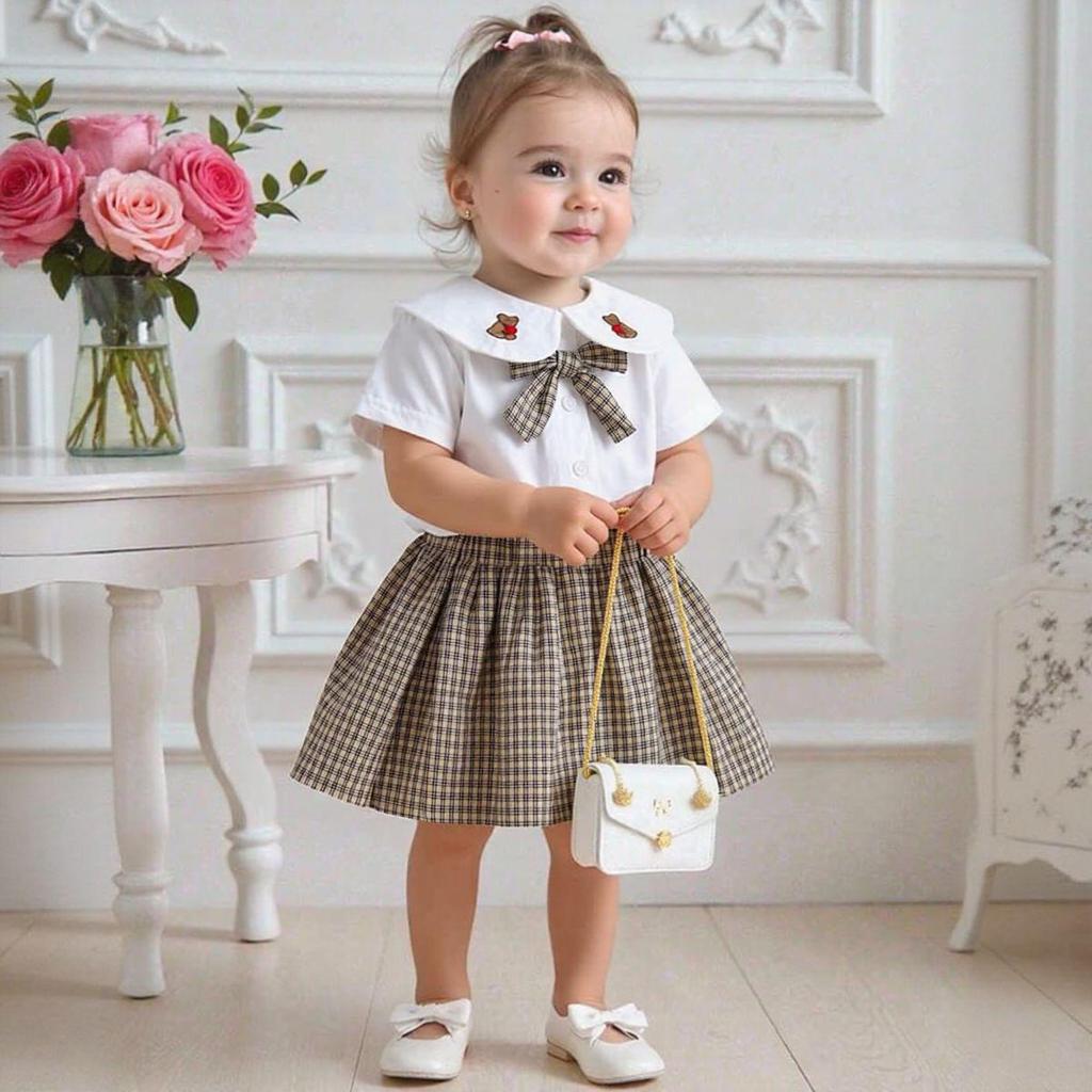 Children's 2026 Summer Plaid Pleated Skirt Set - Girls Two-Piece Outfit