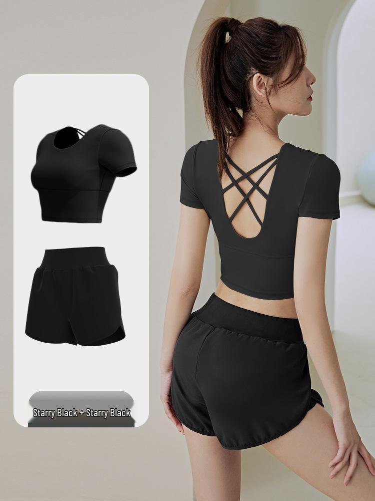Damen Schnelltrocknendes Yoga-Set: Gepolstertes Kurzarm-Top & Enge Shorts für den Sommer