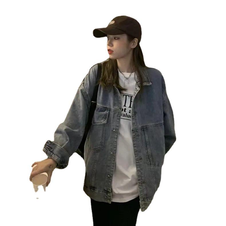 Women's Oversized Retro Denim Jacket - Hip-Covering, Trendy Hong Kong Style for Spring & Autumn