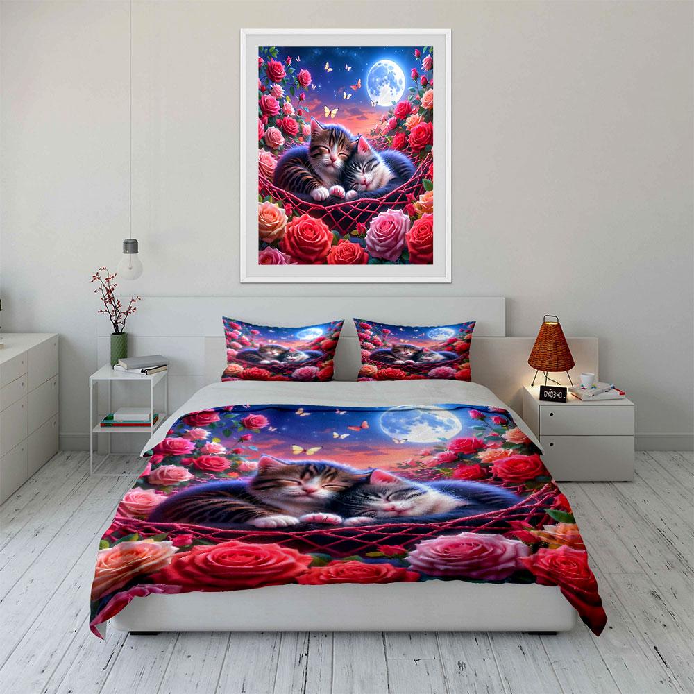 Romantic Cat-Themed Cozy Night Set  Kid'S And Adults' Bedroom Decor, Exquisite Three-Piece Bedding Set Gift