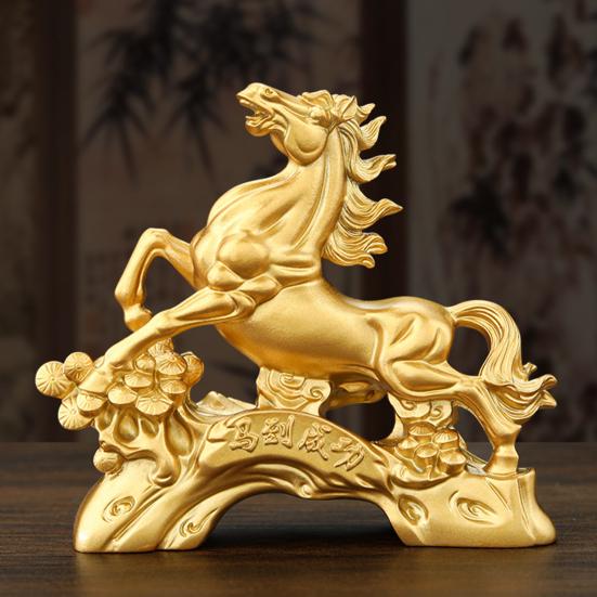 Resin Horse Statue Golden Feng Shui Chinese Zodiac Horse Sculpture 2026 Year of The Horse Collectible Figurine for Tabletop Mantel Home Office Decor