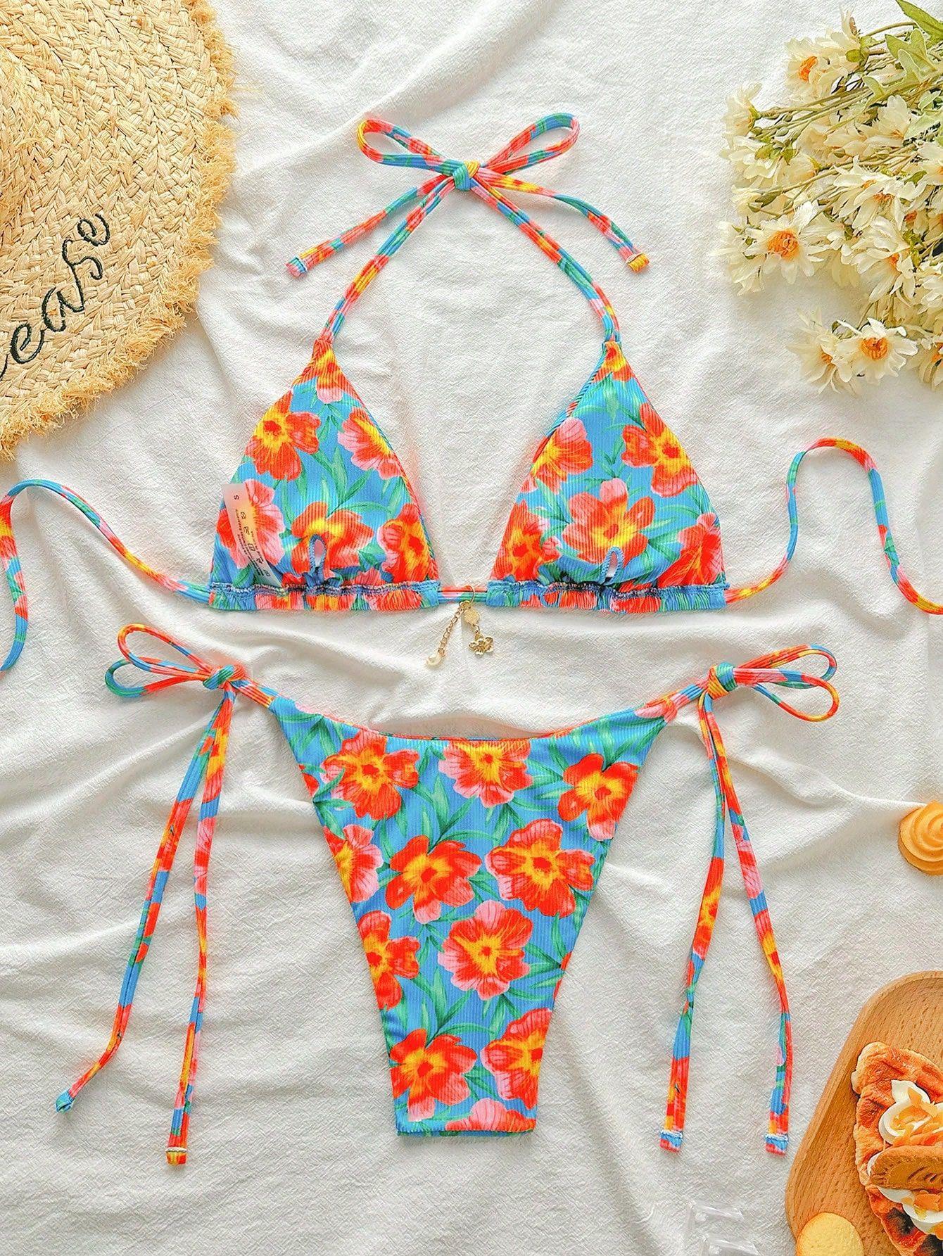 Super Sexy Hottie Floral Bikini Lace-Up Swimsuit Premium Sense S оранжевый