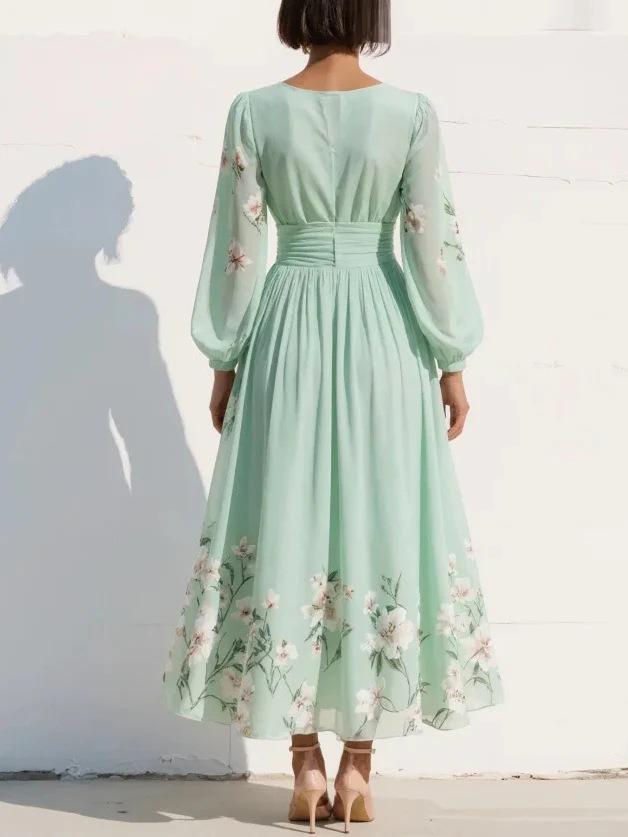 Women's V-Neck Floral Long Sleeve Pleated Dress 2026