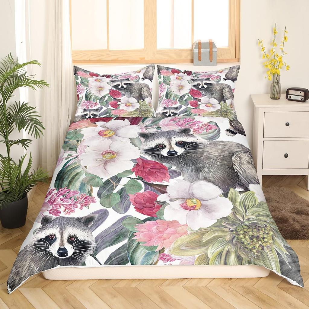 Waschbär Bettwäsche-Set für Jungen Kinder Mädchen Niedlicher Cartoon Wildtiere Bettbezug Liebevolle Tiere Bettdeckenbezug Polyester Steppdeckenbezug