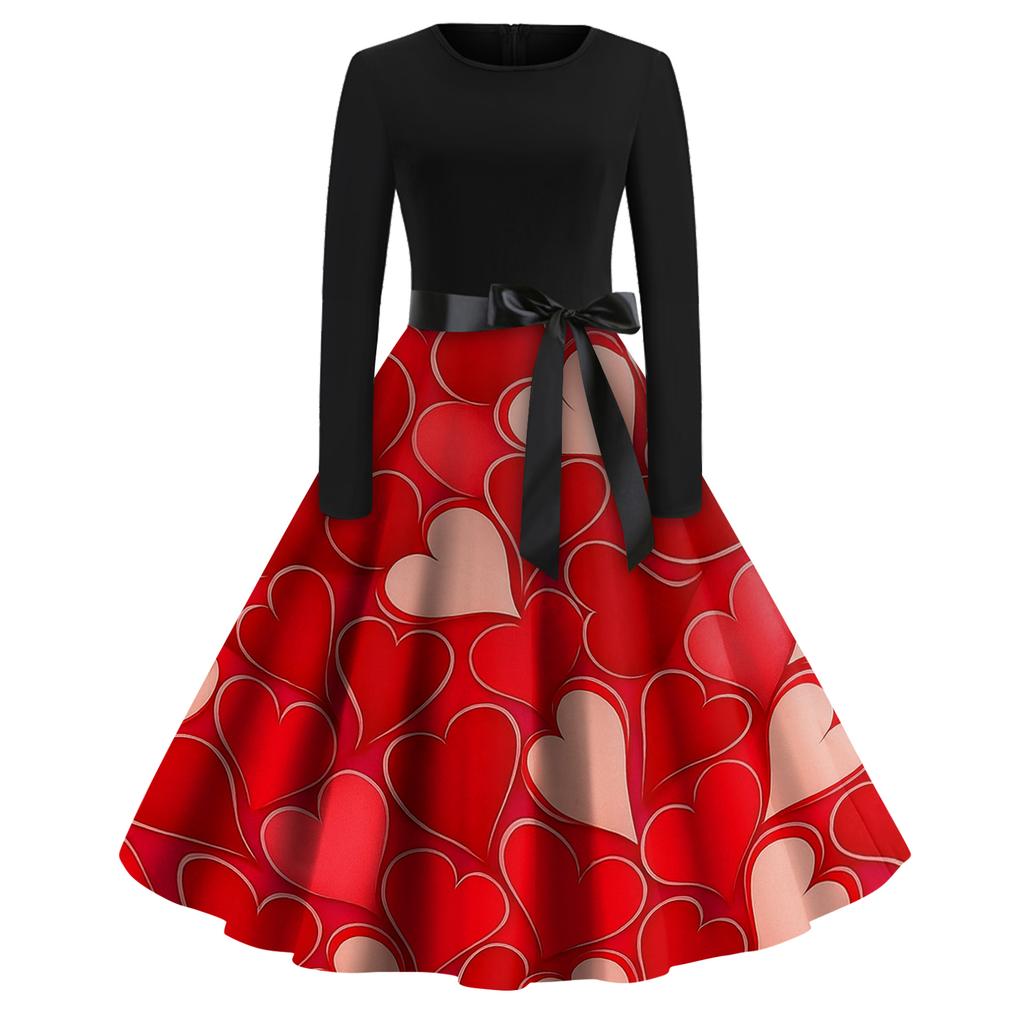 Women's Fashion Round Casual Slim Fit  Print Large Swing Long Sleeve Dress