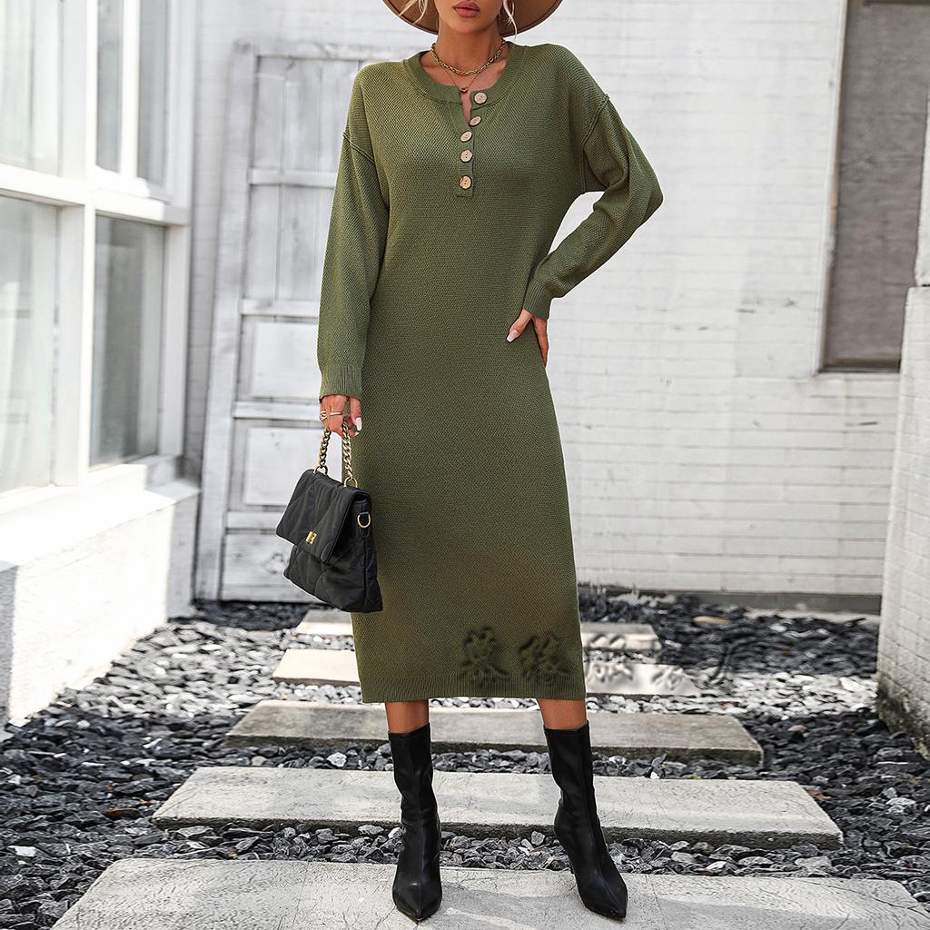 Autumn and winter new European and American button-knitted sweater dress fashion temperament commuter women's sweater women