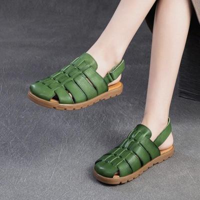Echt Leer Geweven Platte Sandalen Hol Ademend Casual Comfortabel Romeins Dames Schoenen