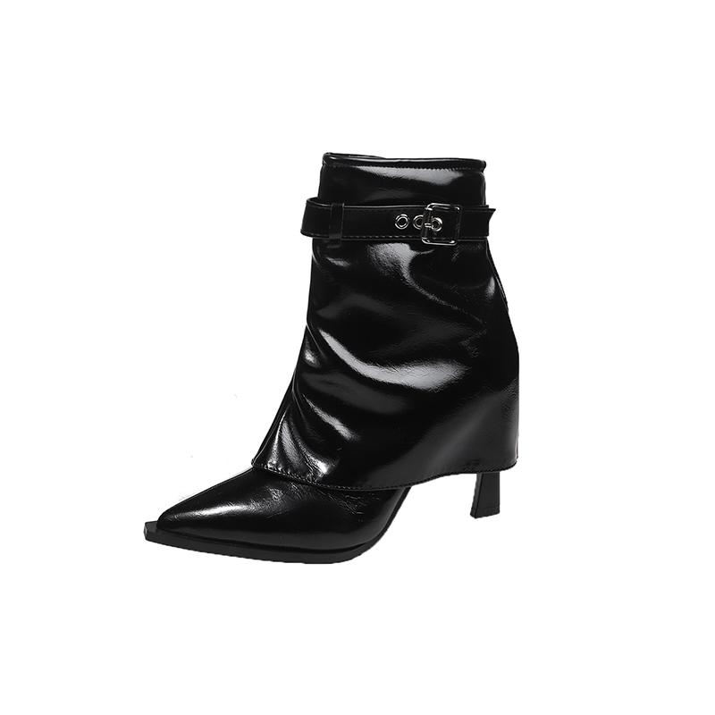 Winter New Thin Heel Cotton Boots Women's Pointed Side Zipper Belt Buckle Anti-slip Wear-resistant Short Boots