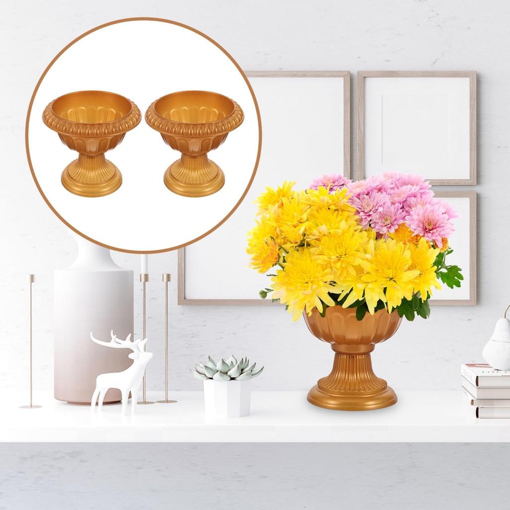 Amosfun 2Pcs Small Urn Planter Golden PVC Urn Planter Pot Stand for Wedding Anniversary Party Home Indoor Outdoor Decoration 6.49 X 6.49 X 5.90 Inch