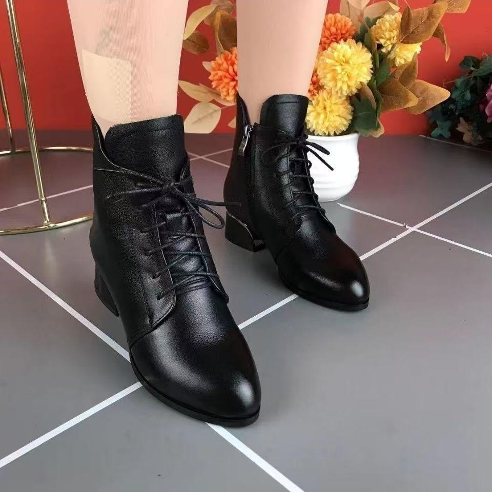Pointed short boots women's thick heel 2025 autumn and winter new thin boots black temperament women's boots soft leather lace-up Martin boots