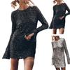 Women Dress Shiny Sequin Hollow Out Back Long Sleeve Loose Soft Round Neck Split Cuff Sheath Individual Streetwear Club Party Dance Mini Dress