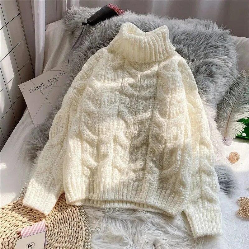 Turtleneck Sweater Thickened Loose Crochet Stripe Women Short Knit Pullover Warm  Pull Jumper Casual Commuting New Fashion Autumn Winter