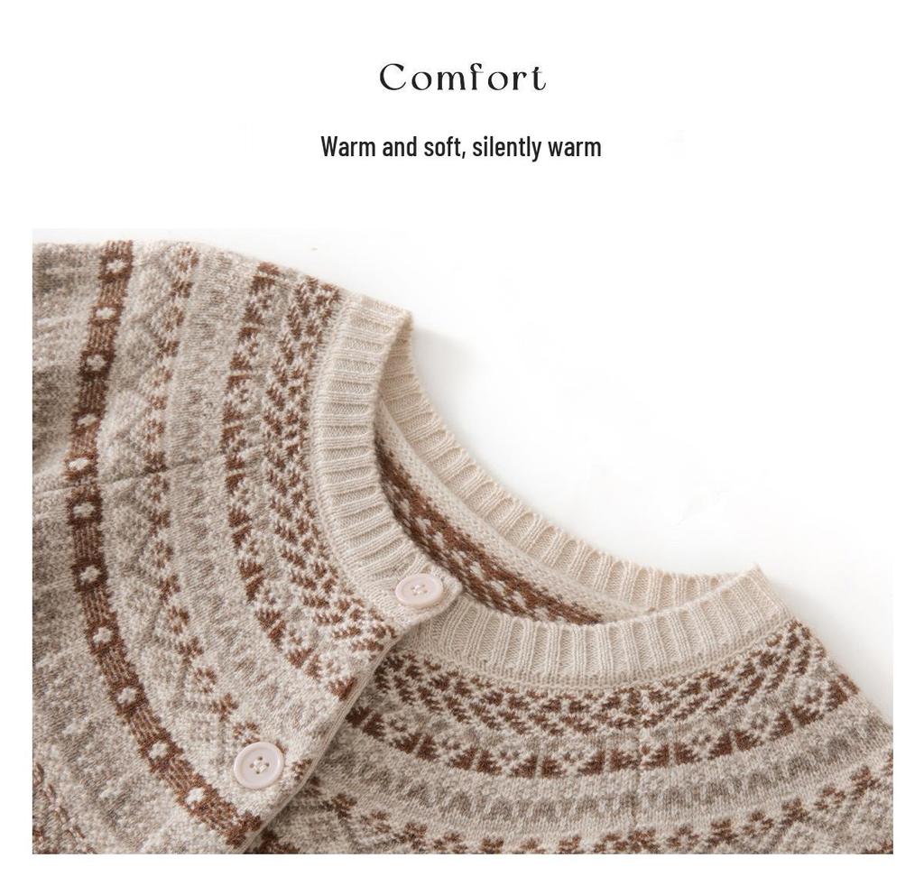 Women's Retro Fair Isle Cashmere Cardigan - Round Neck, Thick Knit, Elegant Autumn/Winter Wool Sweater