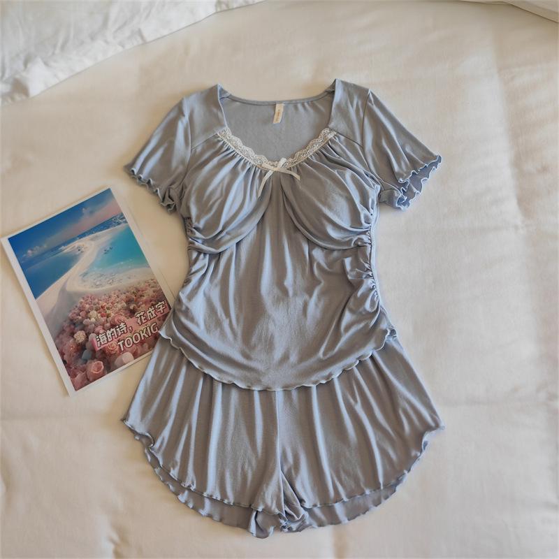 Women's Modal Pajama Set: Summer Short Sleeve & Long Pants with Chest Pad