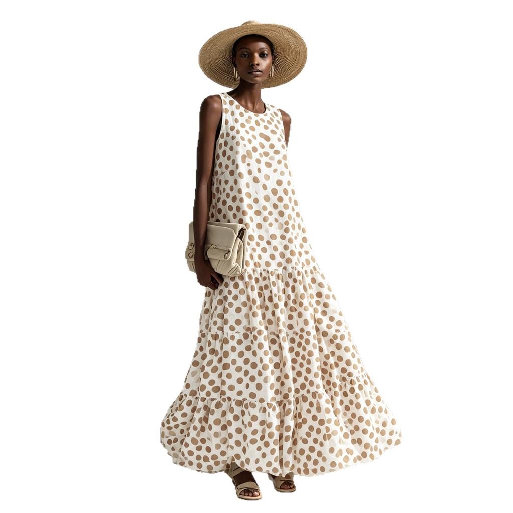 French Retro Polka Dot Sleeveless Chiffon Long Dress Round Neck Loose Pendulum Beach Vacation Cake Dress Summer