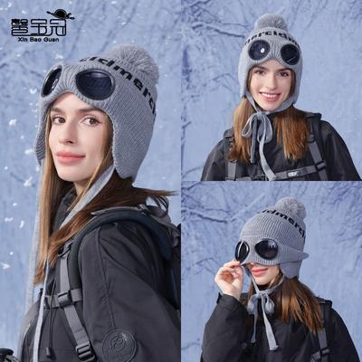 Chapéu de inverno pulôver infantil com óculos pompom chapéu de lã tricotado proteção contra frio ao ar livre proteção para as orelhas