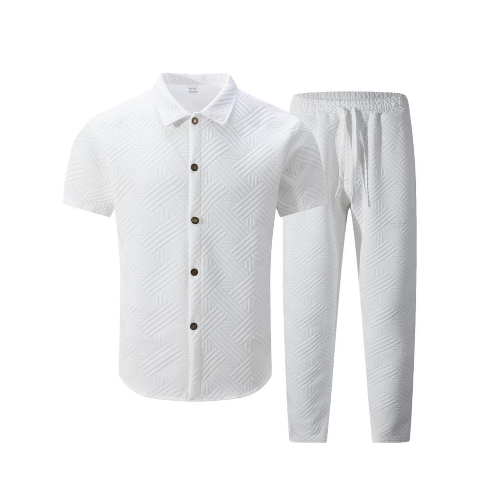 Herren Jacquard Revers Zweiteiliges Set - Kurzarmhemd & Lange Hose für Outdoor Freizeitkleidung