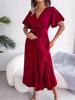 Women Cross V Neck Short Sleeve Solid High Waist Pleated Long Swing Dress