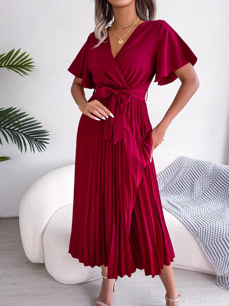 Women Cross V Neck Short Sleeve Solid High Waist Pleated Long Swing Dress