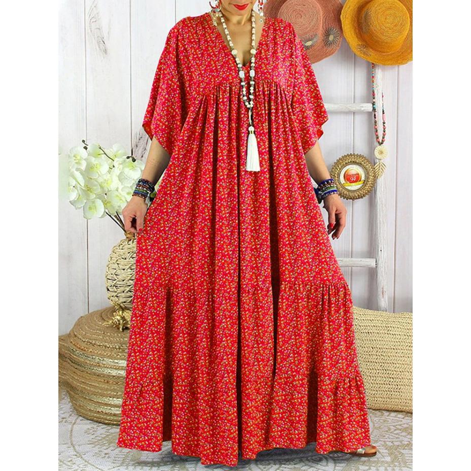 Vintage Chic Fashion Women Floral Print V-neck Rayon Beach Bohemian Maxi Dress Ladies V Neck Tassel Summer Boho Dresses Robe S красный