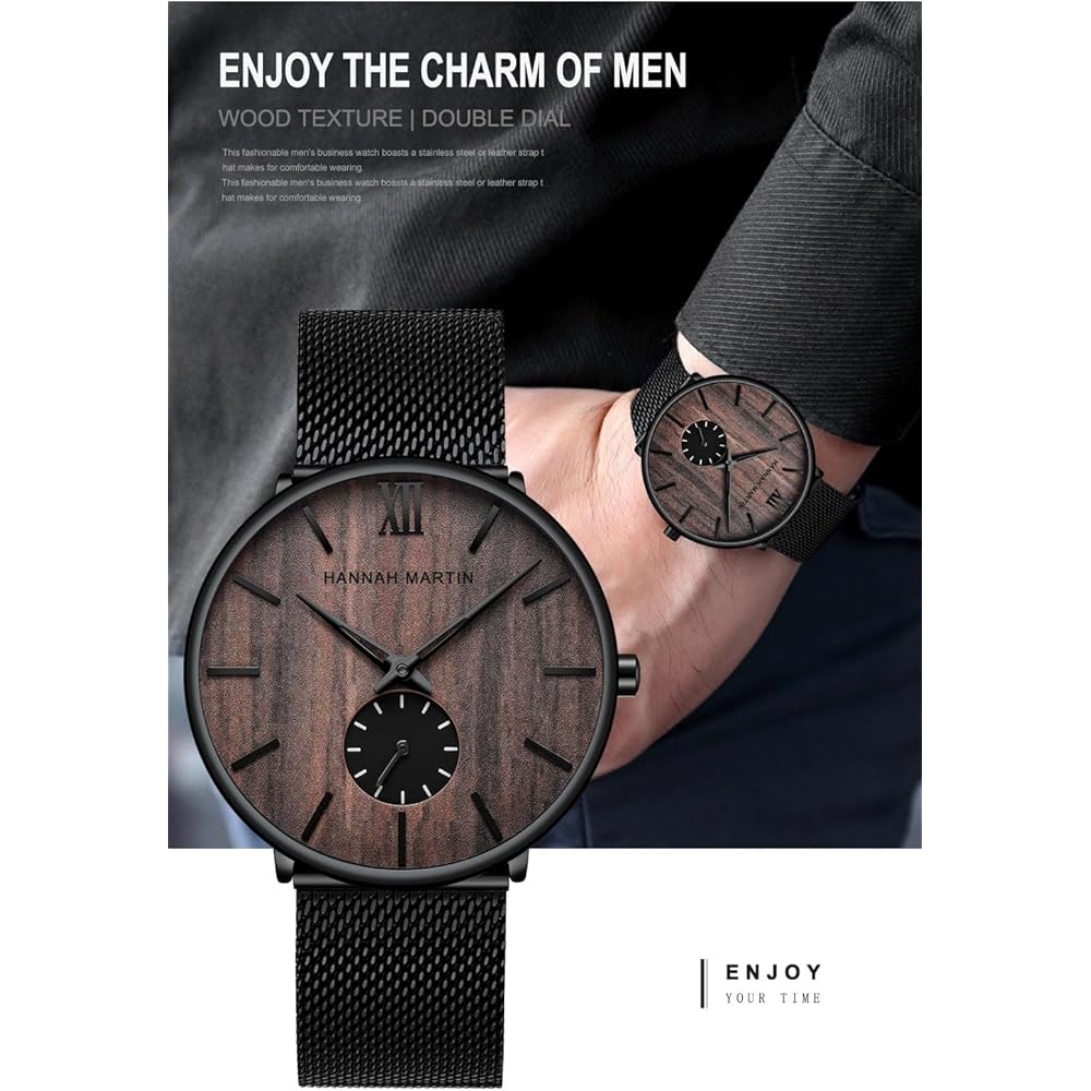 Hannah Martin Men's Ultra-Thin Black Watch Waterproof Fashion Stainless Steel Band Walnut Wood