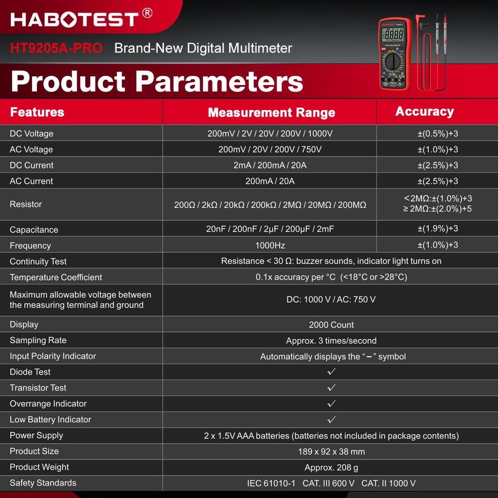 HABOTEST HT9205APro High Precision Multifunctional Electrician's Multimeter for Household and Industrial Use
