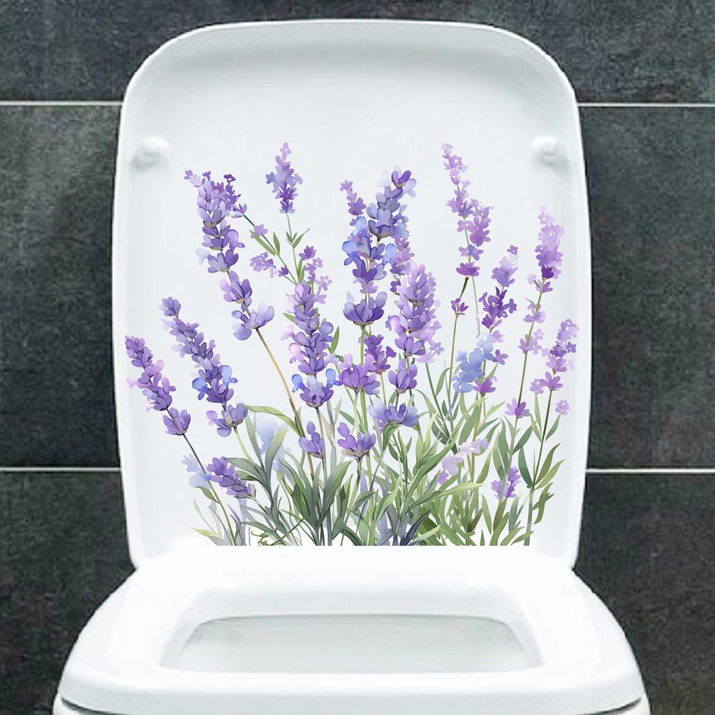 Lavender Toilet Stickers, Purple Floral Waterproof Removable Decals for Bathroom & Living Room Wall Decor